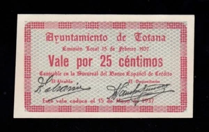F.C. TOTANA (MURCIA) , 25 CÉNTIMOS FEBRERO 1937 , S/C . - Bild 1 von 2