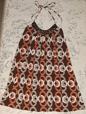 Vestido Halter Vintage Y2K Embellecido Elastizado Junior L Marrón Naranja Geo Estampado Foto 1 de 4