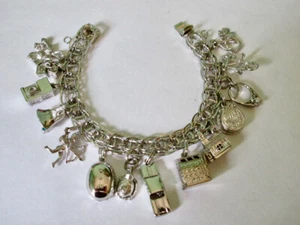 Sterling Silver Charm Bracelet with 14 Rare Vintage Silver Charms Hallmarked - Picture 1 of 14