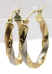 10k Tri-Colored Rose White Yellow Gold Hoop Dangle Hoops Earrings Brushed Estate - Picture 1 of 13