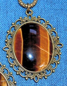 BIG OVAL GENUINE TIGERS EYE NECKLACE 24" CHAIN #A20C USA MADE * FAST SHIPING - Picture 1 of 5
