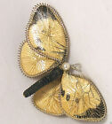 Butterfly Pin Faux Pearl Beige & Black Fabric Gold Thread Brooch Unique Vintage