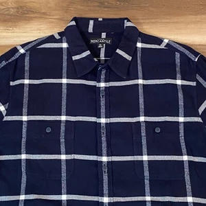 J Crew Flannel Shirt Mens XL Mercantile Navy Blue Plaid Cotton Long Sleeve - Picture 1 of 9