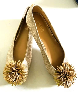 NWT Michael Michael Kors Woman 6.5 Lolita Flat Slip-On Metallic Gold Pom Pom - Picture 1 of 13