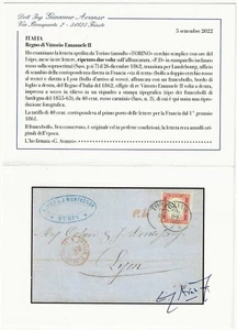 1862 Regno d'Italia - 40 c. rosso carminio bordo foglio su lettera per Lione - Foto 1 di 3