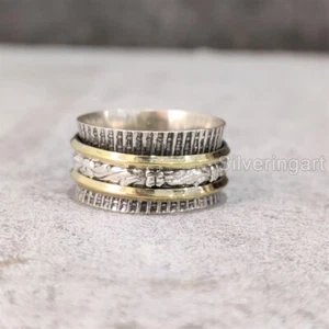 SOLID 925 STERLING SILVER SPINNER BAND ANXIETY 2 TONE OXIDIZED FILIGREE ART RING - Picture 1 of 5