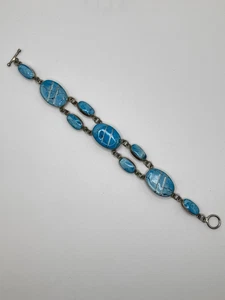 Sterling Silver 925 Mexico Turquoise Link Bracelet Toggle Clasp 8” - Picture 1 of 8