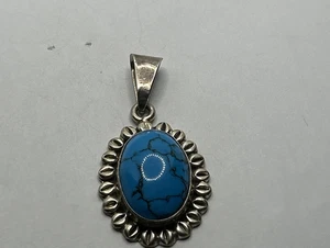 Vintage Mexico Sterling Silver 925 Turquoise Oval Pendant - Picture 1 of 6