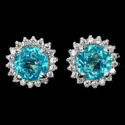 Black Friday 925 Silver Earrings Round Paraiba Blue Topaz 6mm Gemstone Jewelry - Image 1 of 4