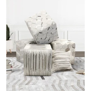 Pasargad Home Galaxy Cowhide Silver Pouf Silver 18"x18"x18" - Picture 1 of 5