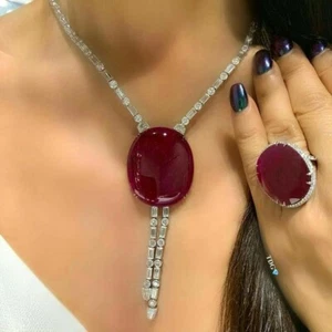 Cabochon Lab Ruby Ring Necklace 925 Sterling Silver Celebrity Wear Luxury Jewel - Picture 1 of 10
