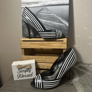 White House | Black Market Belinda BlackWhiteSilver Striped OpenToe Pumps 9M NEW - Picture 1 of 17