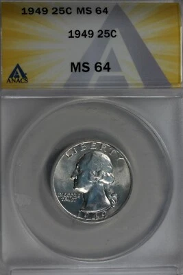 1949  .25   ANACS   MS 64   Washington Quarter, Silver 25 Cents (0.25) - Image 1 of 2