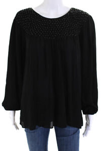 Parker Womens 100% Silk Beaded Pleated Long Sleeved Round Neck Top Black Size M