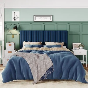 Sifurni Bed Frame, Velvet Upholstered Platform Bed & Headboard, Navy Blue - Picture 1 of 28
