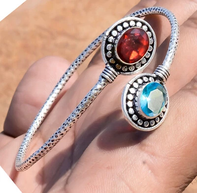 Brazalete de plata de ley 925 con piedras preciosas de topacio azul y corte granate regalo de cumpleaños para hombre Foto 1 de 4