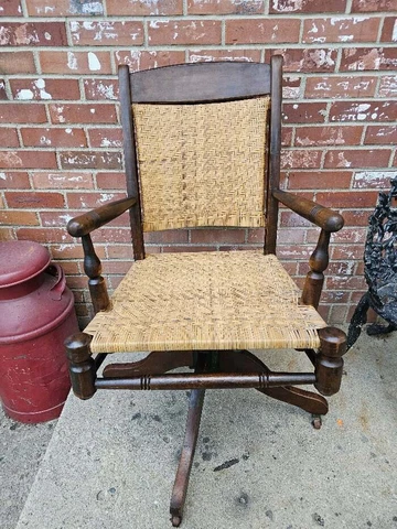 Vintage Bankers Desk Chair Woven Wicker Swivel Rolling Solid Oak Cover