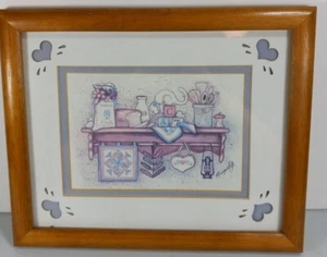 Country Kitchen Art Print Wood Framed Farmhouse Cat Hearts Bread Milk Flour - Picture 1 of 2
