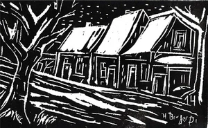 Vintage, Orig. Linoschnitt, Winter in der Krummhörn, schwarz-weiß, ca.32 x 21 cm - Bild 1 von 1
