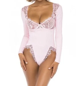 NWT Ohh La La Cherie Size Small Pink Long Sleeve Lace Lingerie Teddy - Picture 1 of 10