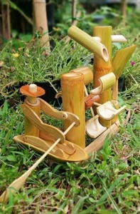 New Handmade Bamboo Row Boat Garden Water Fountain Wheel Paddle Outdoor Vintage - Picture 1 of 3
