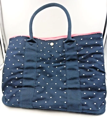 Bolso de Mano/Pañales de Lona J.Crew ~ Azul Marino ~ Lunares Blancos ~ Borde Rosa 12" x 16" x 8 Foto 1 de 4