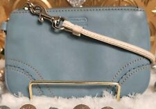 Auth💥EVC💥Coach Leatherware Pale Blue with White Strap Genuine Leather Wristlet