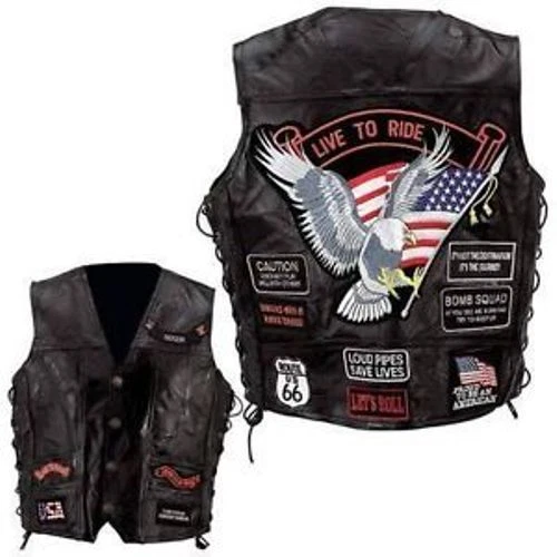Chaleco chopper Harley Rider de cuero negro para hombre motociclista motocicleta 14 parches Eagle Foto 1 de 1