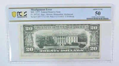 1977 $20 Richmond VA FRN Misalignment Error Fr#2072-E About Unc 50 PCGS *5993 - Image 1 of 3