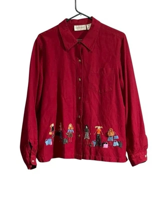 Camisa bordada a botão artística grande grama limão vermelha Shop To You Drop - Imagem 1 de 4