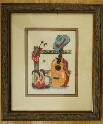 Framed Textile Cross Stitch Country Music Warms The Heart Guitar Boots Bandana - Image 1 of 3