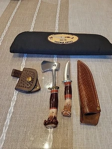EXTREMELY RARE J. Behring Handmade Mini Hatchet & Knife Crown Stag COMBO - Picture 1 of 20
