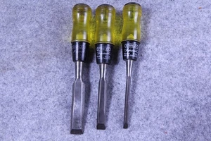 3 Stanley  # 50 Yellow Handle Bevel  Wood Chisels 3/4” - 1/2"- 1/4" Vintage Used - Picture 1 of 3