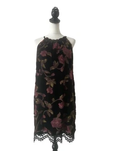 Max Studio Halter Dress M Women’s Black Velvet Floral Print Lace Hem - Picture 1 of 14