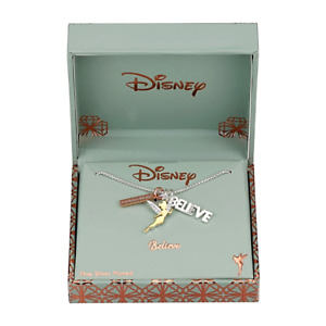 Disney Tinkerbell Crystal Pure Silver Over Brass Tri Pendant Necklace $60 NIB