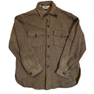 Vtg Woolrich 60s 70s Large Brown Mackinaw Herringbone Heavy Wool Shirt Jacket - Picture 1 of 8
