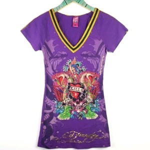 Ed Hardy Christian Audigier Love Kills Slowly Nurse Rhinestone Top Sz XS NICE! - Picture 1 of 8