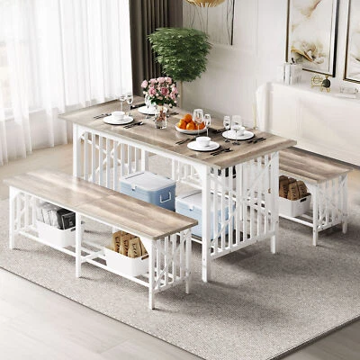 63" 3-Piece Dining Table Set for 4-6 Kitchen Table Set with 2 Dining Benches - Image 1 of 4