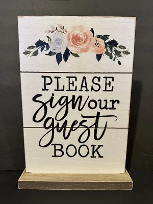 ¡Letrero de madera con rosas para fiesta de compromiso de boda firma nuestro libro de visitas! Foto 1 de 4