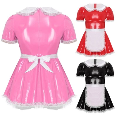 Mens Maid PVC Leather Cosplay Back Zipper Dress Sissy Clubwear Halloween Sexy - Image 1 of 3