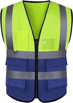 Navy Hi Viz Executive Waistcoat Zip Up Multi Pockets High Visibility Vest Yellow - Image 1 of 4