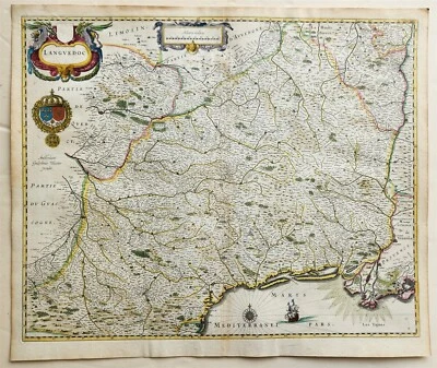 Mapa 1640 de FRANCIA LANGUEDOC por WILLEM BLAEU antiguo AUTÉNTICO coloreado a mano Foto 1 de 4