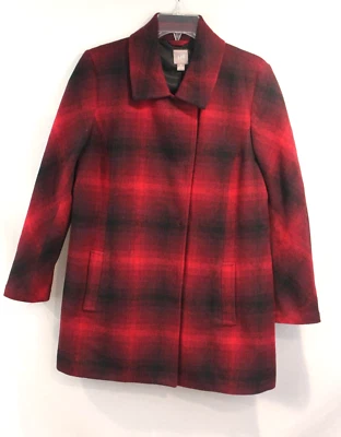 J Jill Peacoat 羊毛混纺夹克尺寸 MP 红色水牛格子内衬口袋按扣 — 第 1/4 张图片