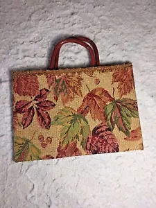 Hermoso bolso de mano con mango de madera forrado de tela de tapiz estampado de hojas de otoño - Imagen 1 de 3