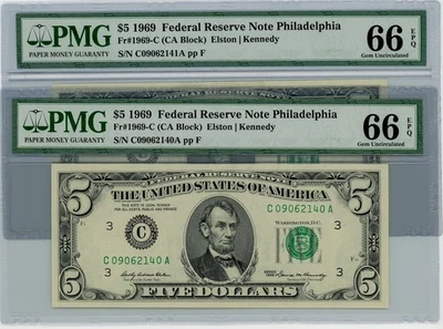 Fr. 1969-C $5 1969 2 Consec. Federal Reserve Note 66 EPQ PMG dc-2547 - Image 1 of 3