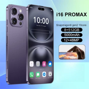Purple I16 Pro Max 6.8" Android Smartphone Global Unlocked 8+512GB 5000mAh Cheap - Picture 1 of 17