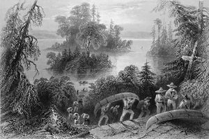 CANADA - LIEU de SÉPULTURE des VOYAGEURS : TRANSPORT de CANOË - Gravure du 19e - Imagen 1 de 2