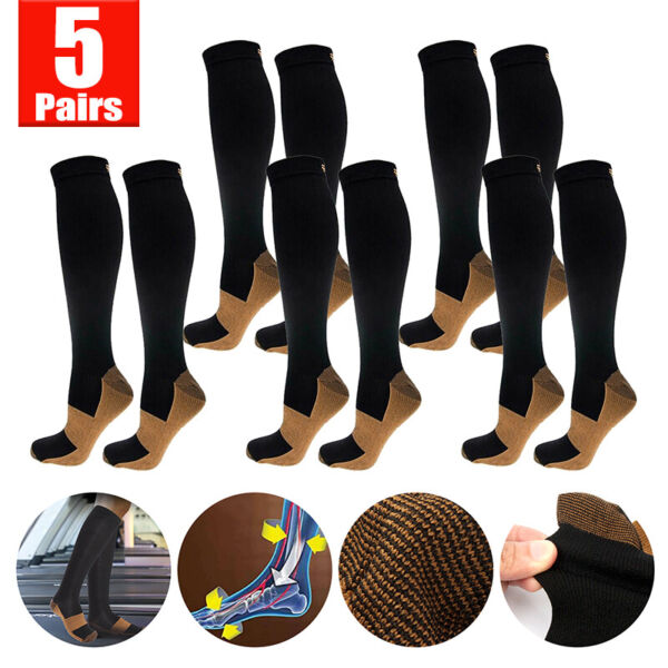 5 Pairs Copper Compression Socks Mens Womens 15-20mmHg Graduated Support S/M-XXL