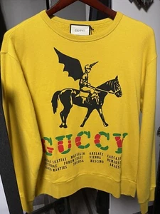 GUCCI Super Runway "GUCCY" Mustard Yellow Pull over Crewneck Sweater US Mens M - Picture 1 of 10