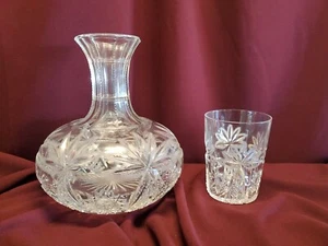 ANTIQUE BRILLIANT CUT GLASS CRYSTAL CARAFE and GLASS - PALM, LEAF c1900 LIBBEY? - Picture 1 of 12